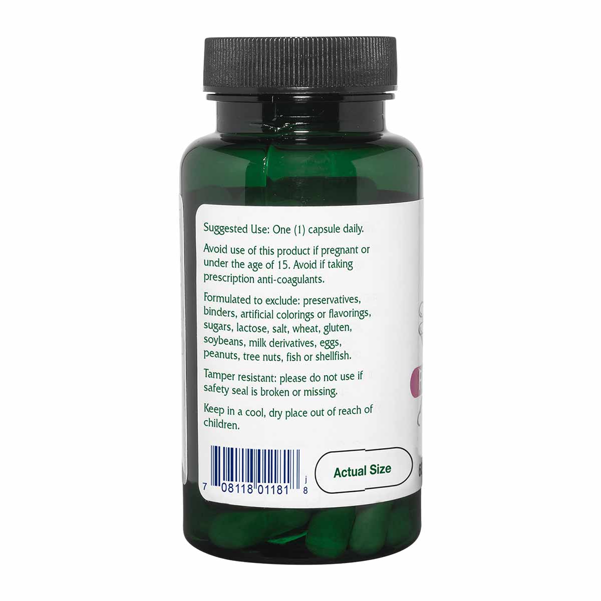 Dark green bottle with black screw-top lid containing red clover capsules and usage instructions on label.