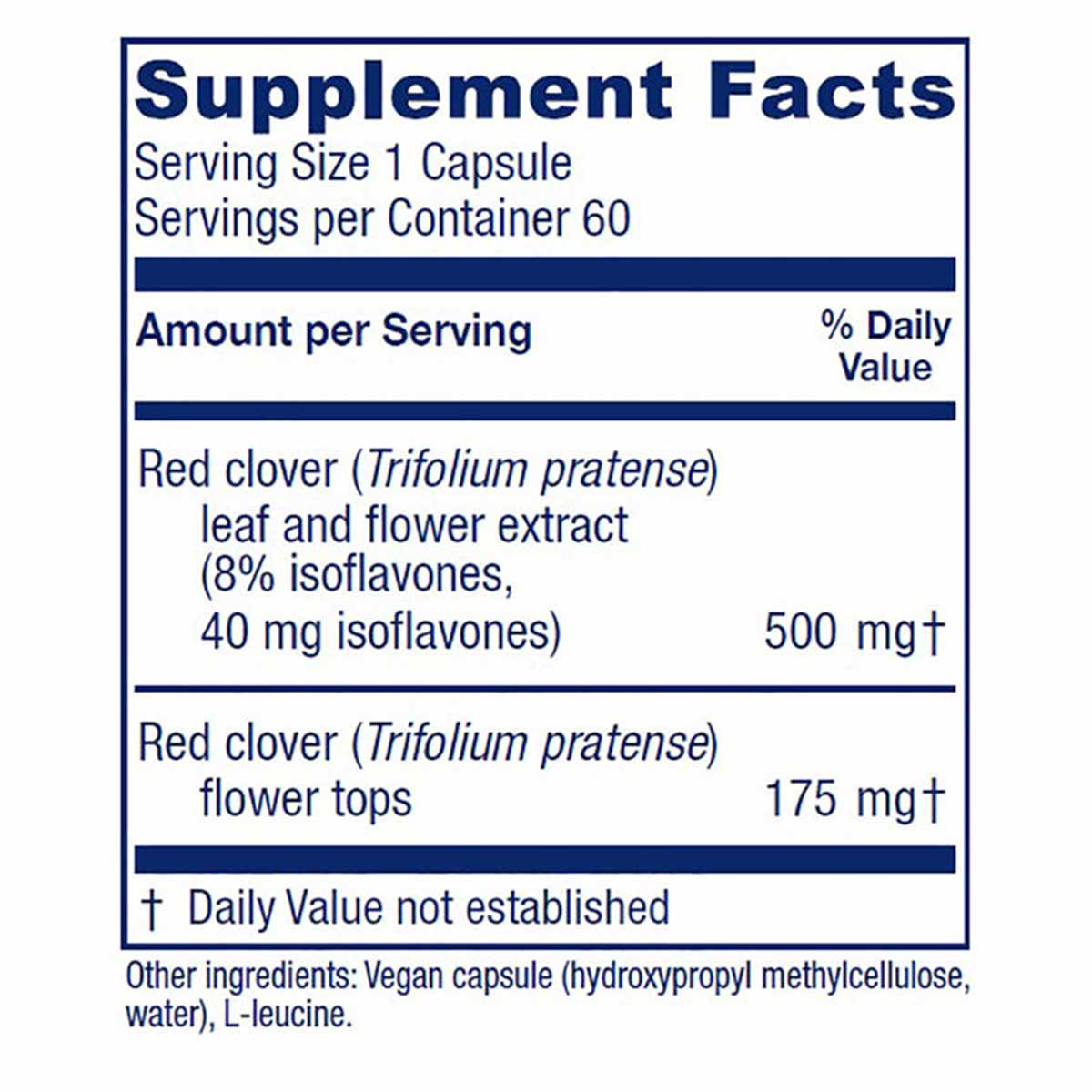 Supplement Facts label for Red Clover capsules listing serving size, ingredients including leaf and flower extract with isofl