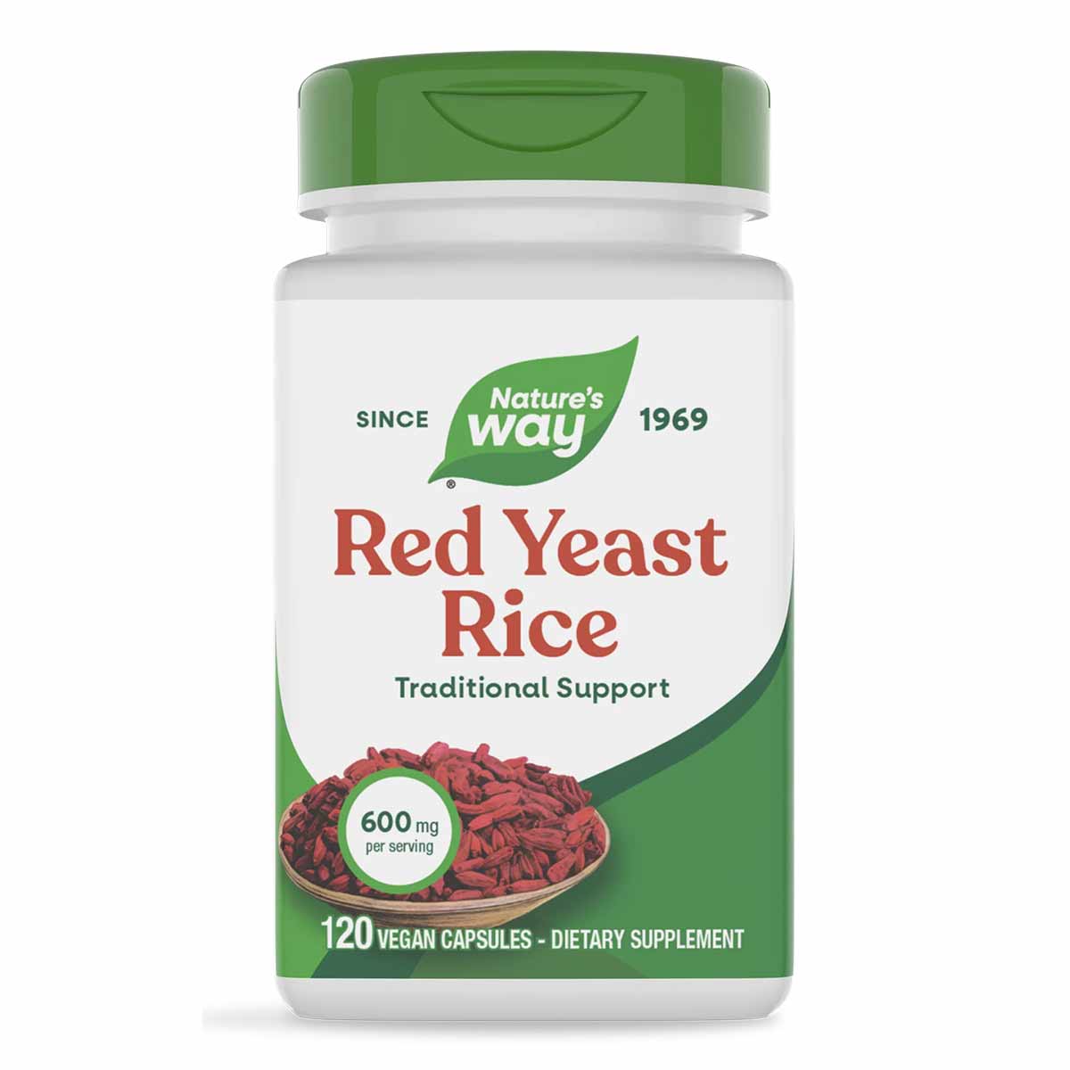 Nature's Way Red Yeast Rice 600 mg supplement bottle with green cap and label showing 120 vegan capsules.