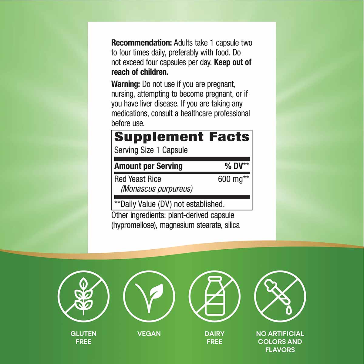Red Yeast Rice 600 mg supplement label with dosage instructions, warnings, and ingredient information on green background.