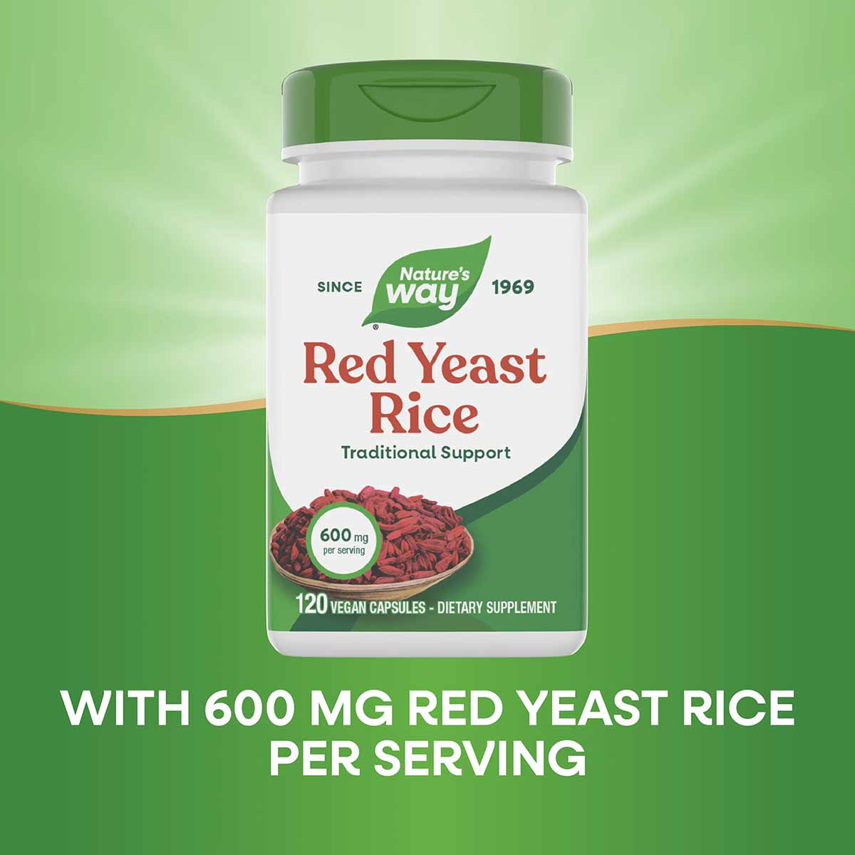 Nature's Way Red Yeast Rice 600 mg supplement bottle with green cap containing 120 vegan capsules.