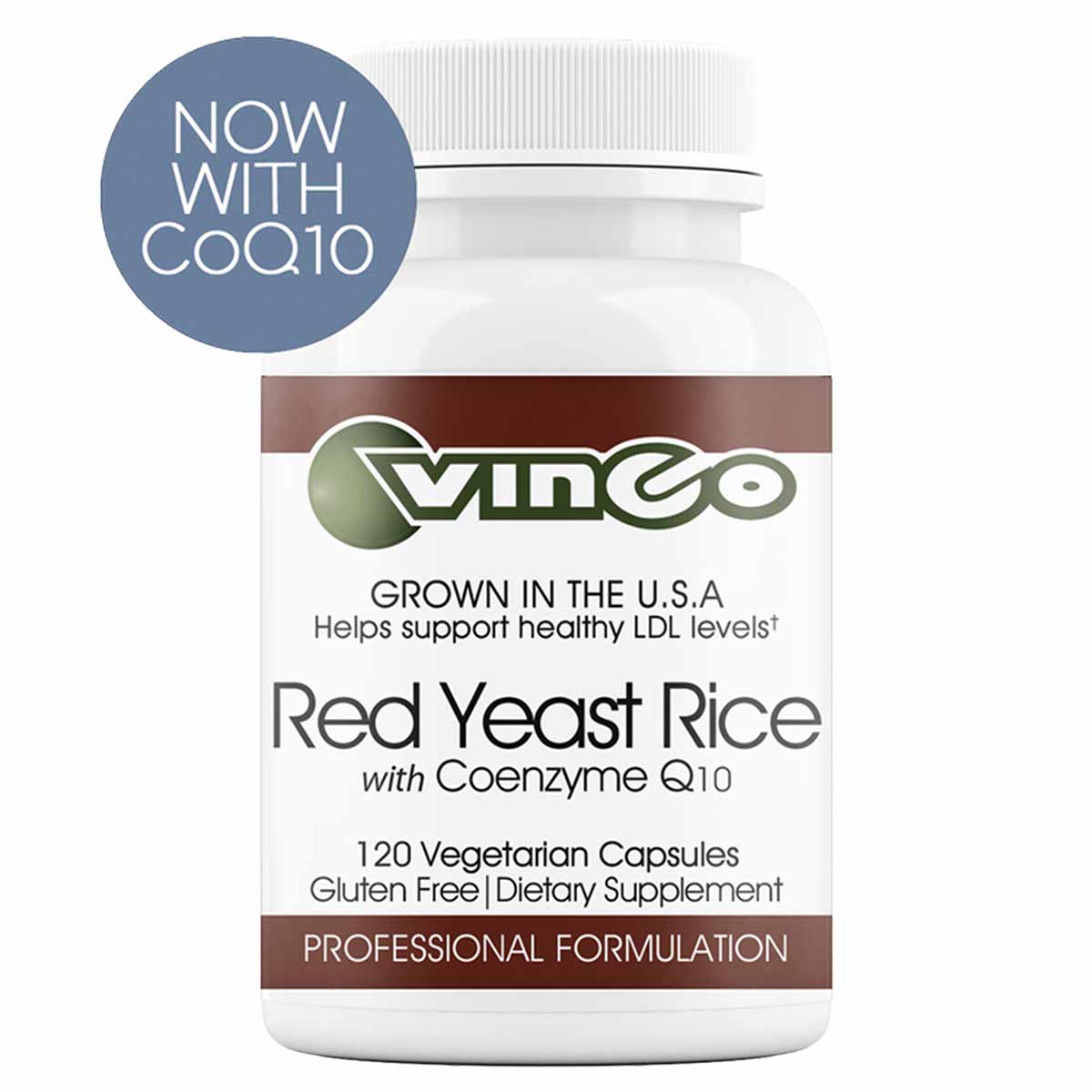 White bottle with brown label containing 120 vegetarian capsules of Red Yeast Rice with Coenzyme Q10 by Vinco.