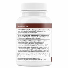 White cylindrical bottle with ribbed cap and brown label band containing red yeast rice and coenzyme Q10 supplement informati