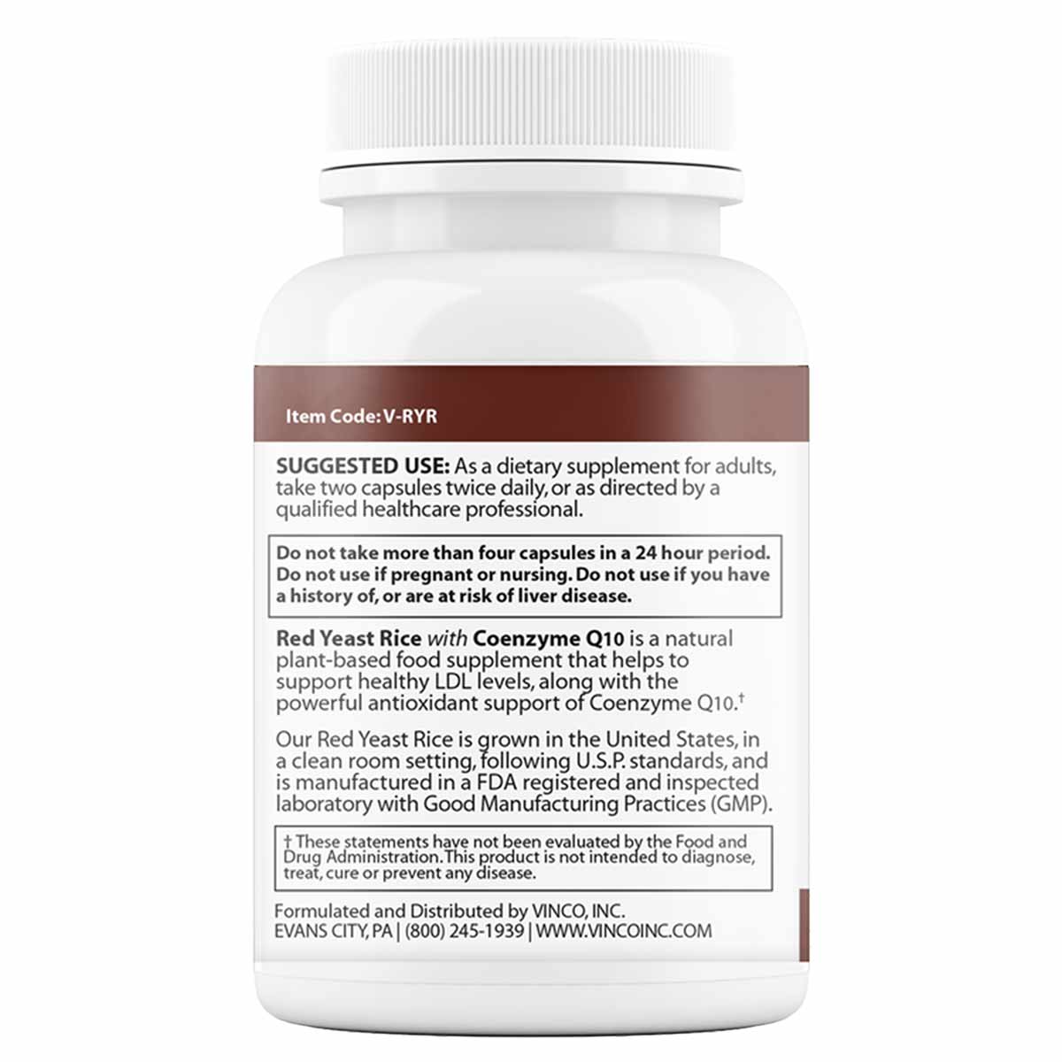 White cylindrical bottle with ribbed cap and brown label band containing red yeast rice and coenzyme Q10 supplement informati