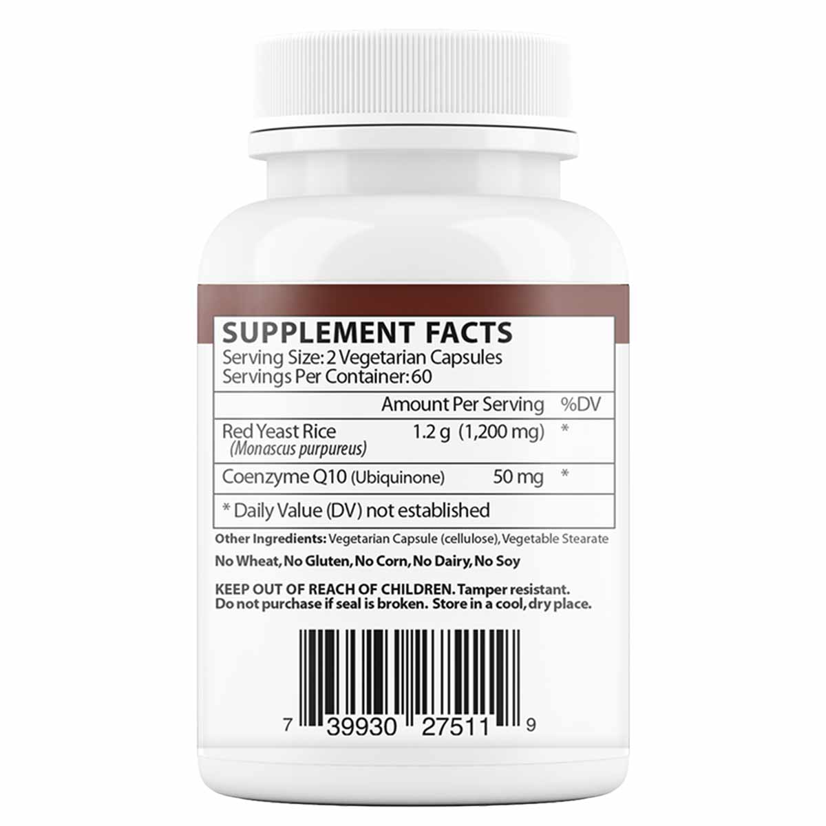 White supplement bottle with gray screw cap displaying Supplement Facts label listing Red Yeast Rice and Coenzyme Q10 ingredi