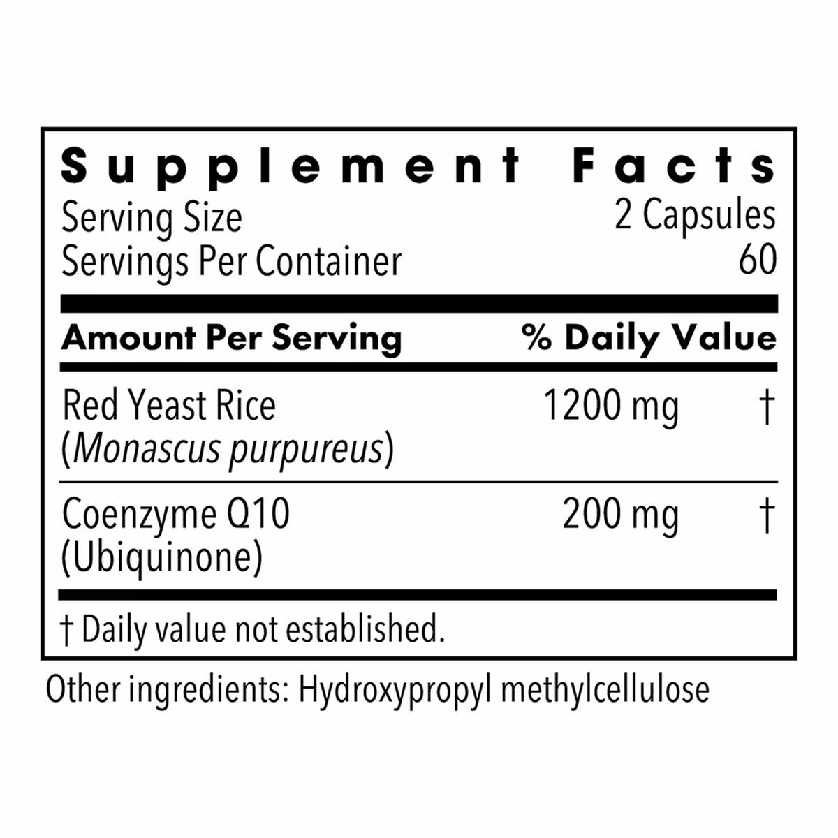 Supplement Facts label showing 1200 mg red yeast rice and 200 mg CoQ10 per serving with serving size of 2 capsules.