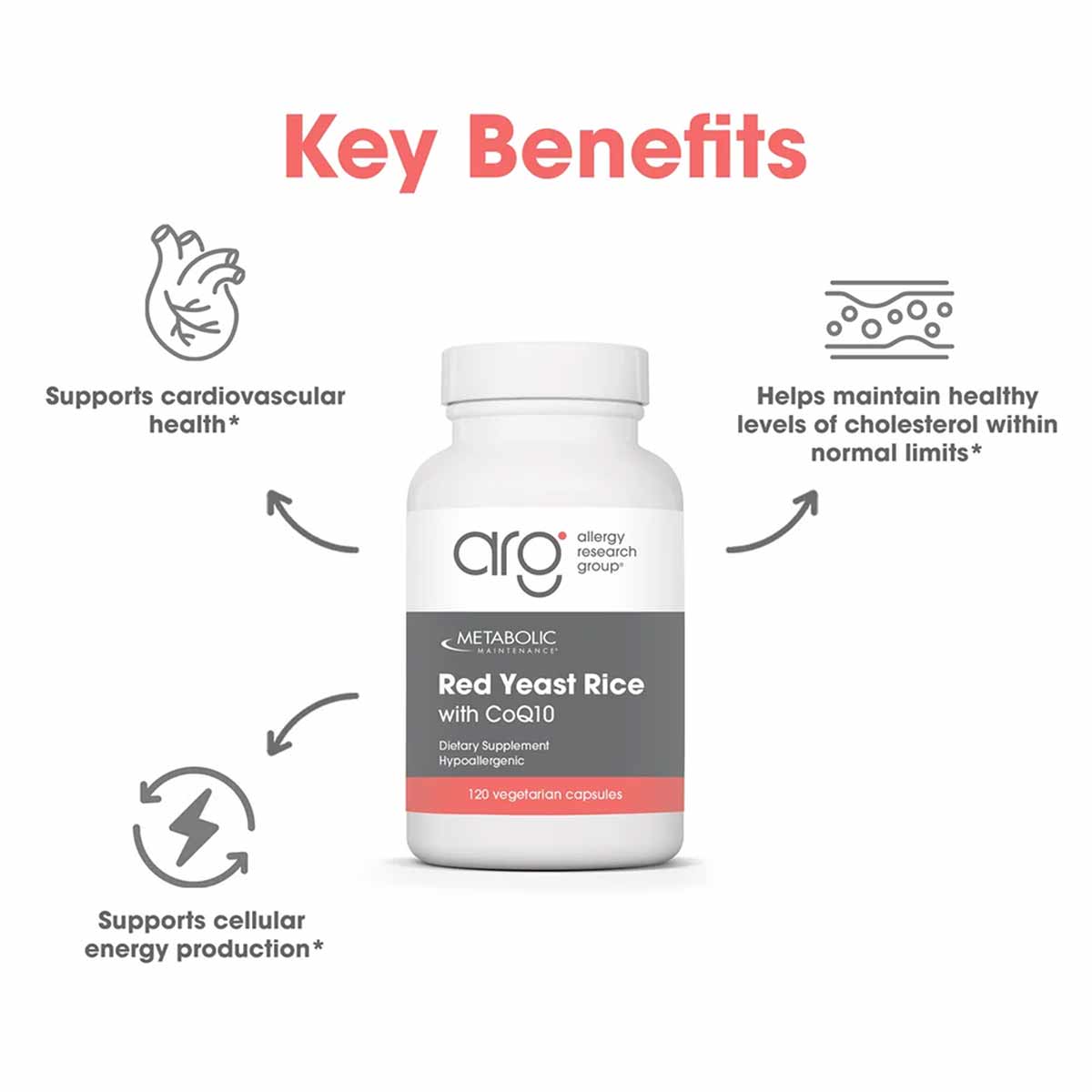 White bottle of Red Yeast Rice with CoQ10 supplement containing 120 vegetarian capsules by Allergy Research Group.