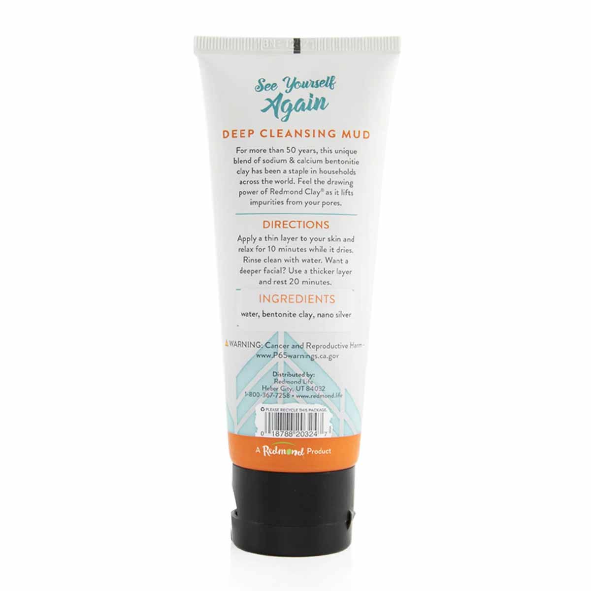White tube of Redmond Clay facial mud with silver, featuring teal and orange text and black cap.