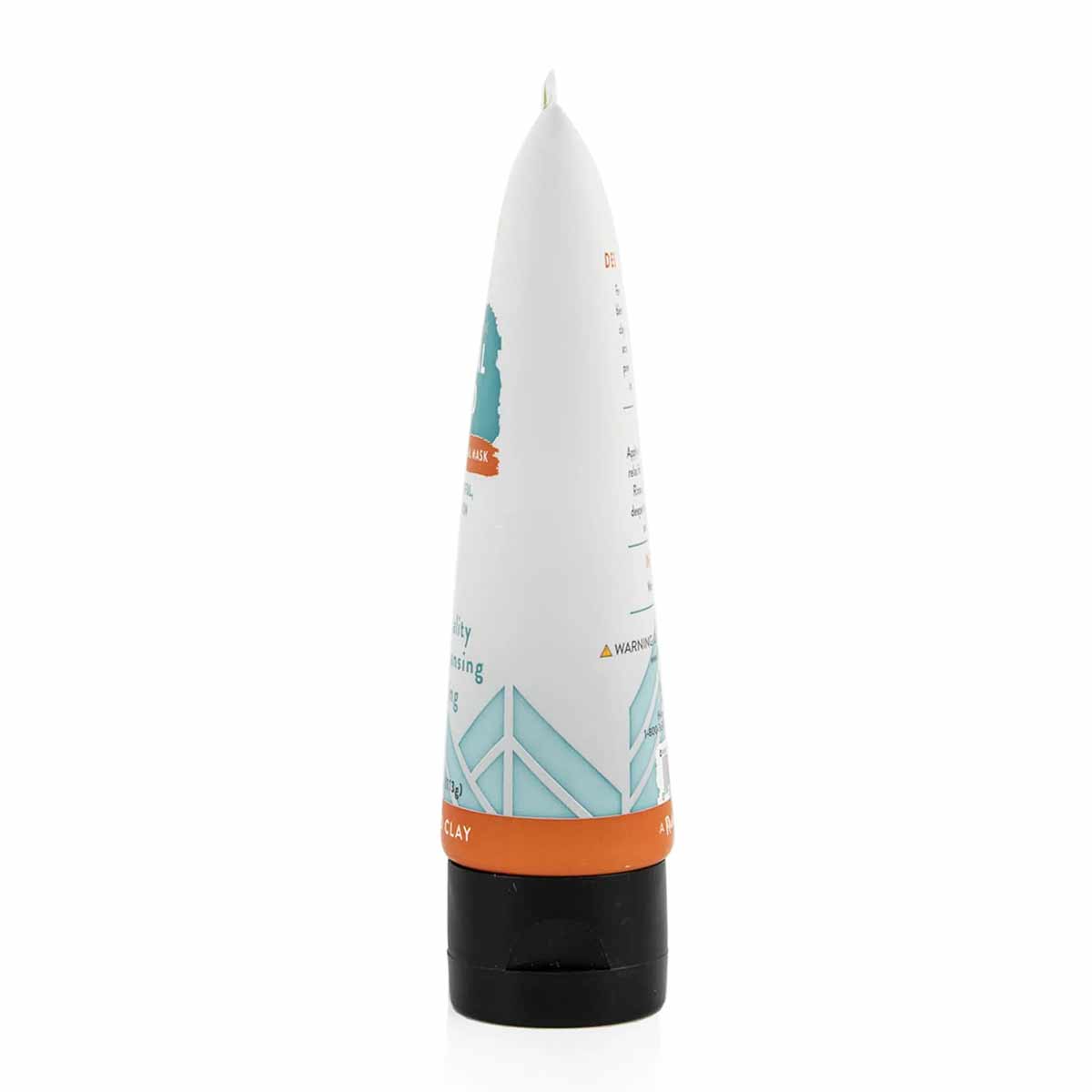 White tube with orange and teal branding, black base cap, pointed top dispenser for facial mud product.