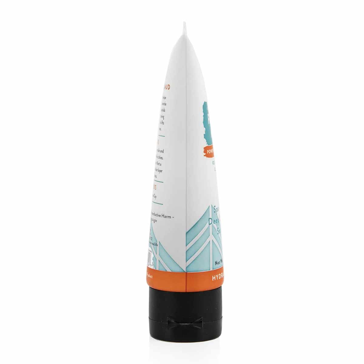 White tube with orange and teal graphics and black base containing Redmond Clay Facial Mud with Silver.