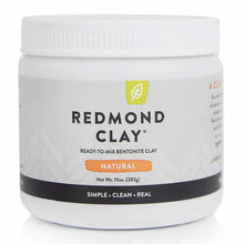White plastic jar with white screw-top lid containing Redmond Clay bentonite powder, labeled "Natural," 10oz.