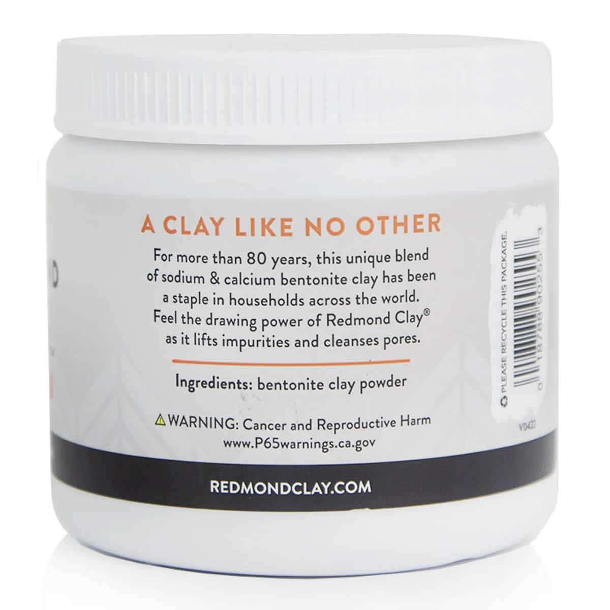 White jar with white screw-top lid containing bentonite clay powder, labeled with orange and black text.