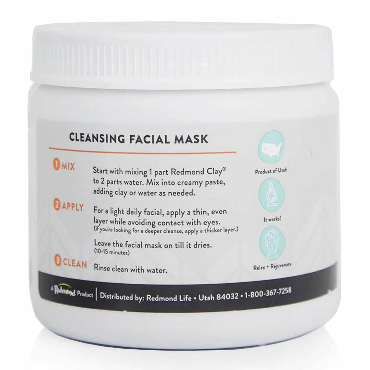 White jar with white screw-top lid containing bentonite clay powder with cleansing facial mask instructions on label.