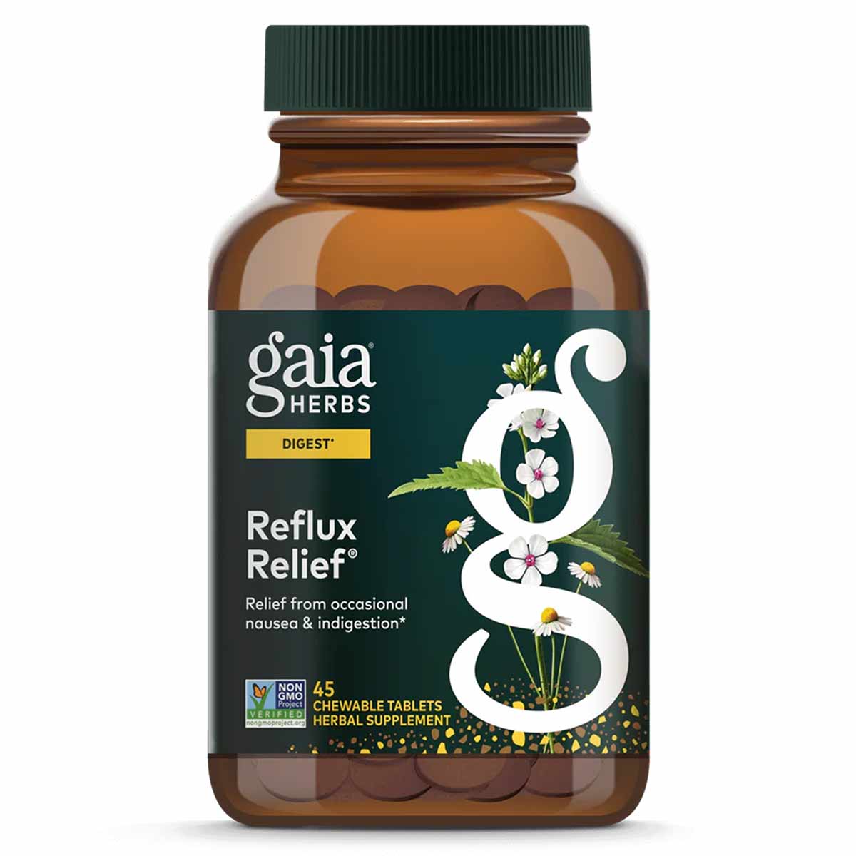 Gaia Herbs Reflux Relief brown glass bottle with green cap containing 45 chewable tablets.