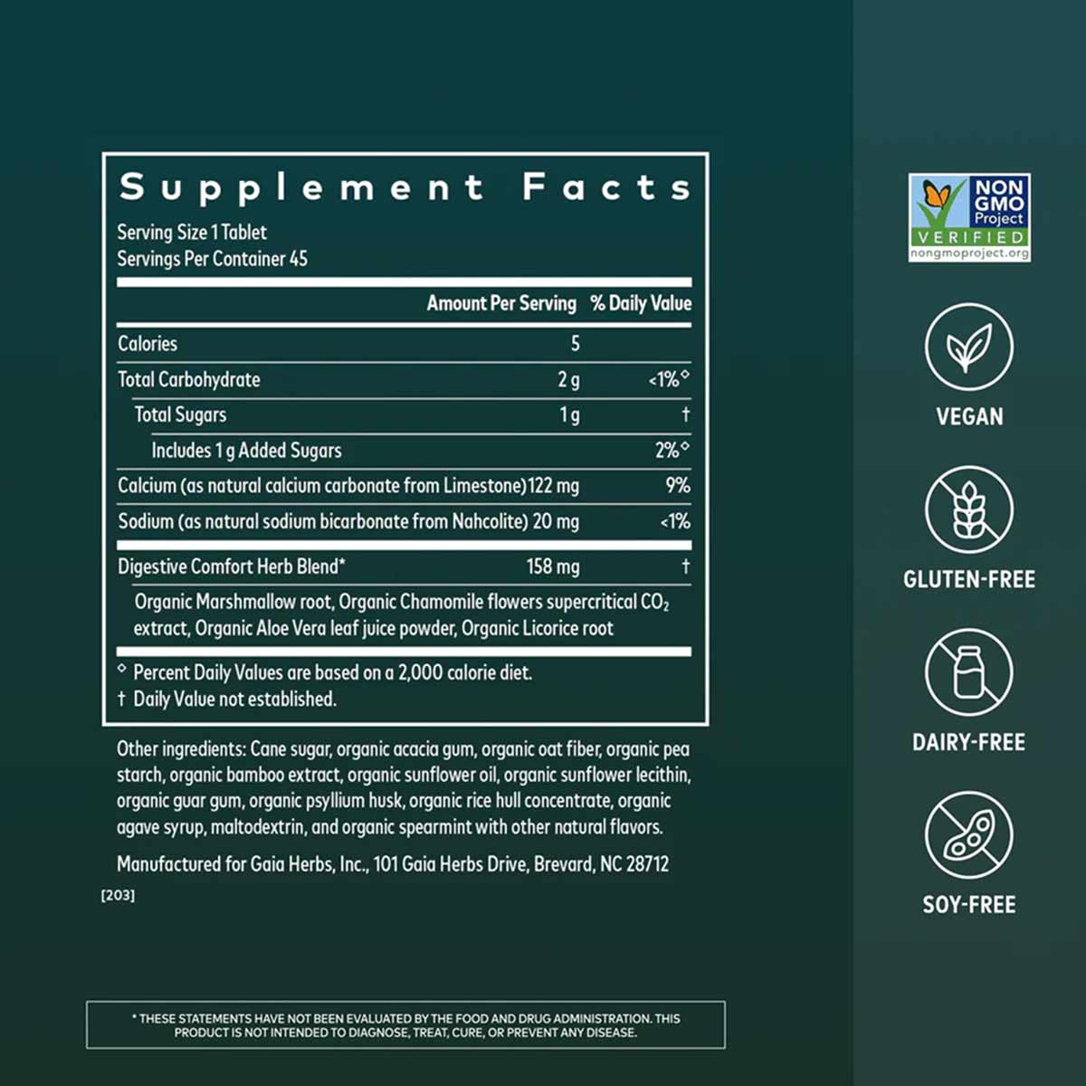 Supplement Facts label for Gaia Herbs Reflux Relief tablet with ingredient list and certification badges for Non-GMO, vegan, 