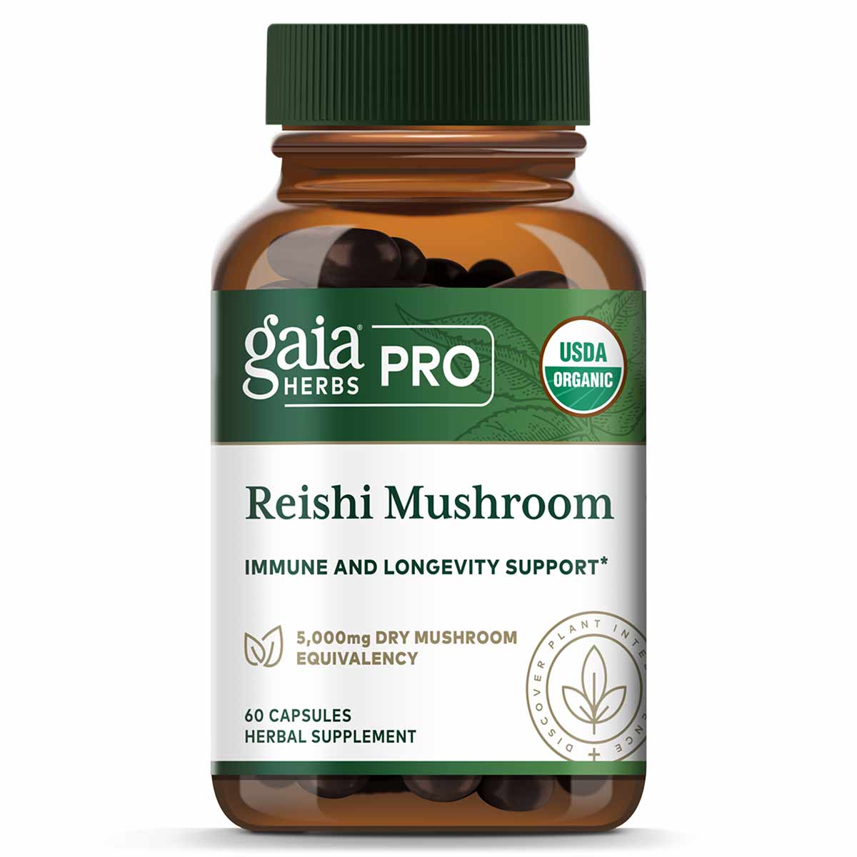 Amber glass bottle of Gaia Herbs Pro Reishi Mushroom capsules with green label and cap.