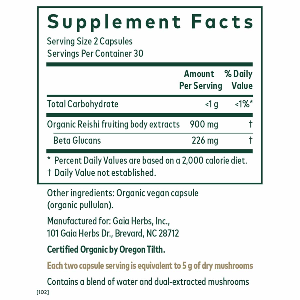 Supplement Facts label for Gaia Herbs Reishi mushroom capsules showing 900 mg organic reishi fruiting body extracts per servi