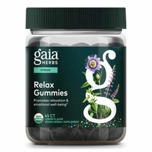 Gaia Herbs Relax Gummies bottle with dark green cap and label, containing 45 dark gummies with lemon flavor and herbal ingred