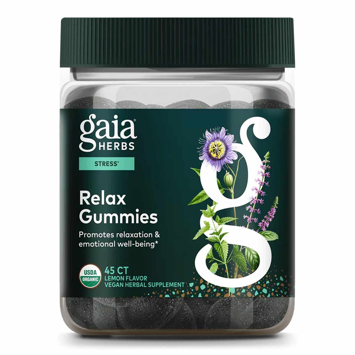 Gaia Herbs Relax Gummies bottle with dark green cap and label, containing 45 dark gummies with lemon flavor and herbal ingred