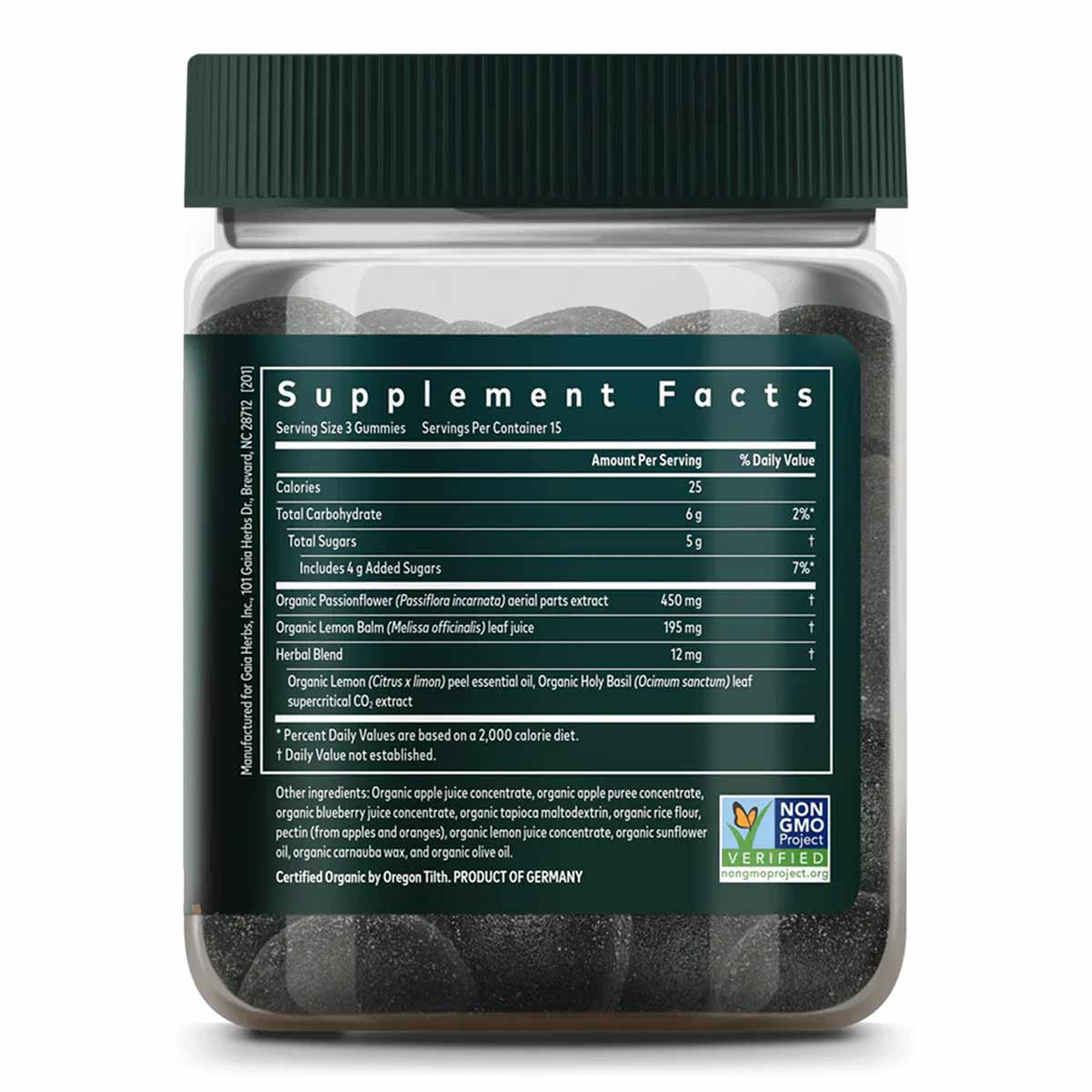 Bottle of Gaia Herbs Relax Gummies with dark green cap and label showing supplement facts and Non-GMO Project Verified certif