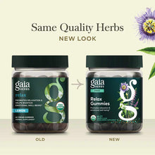 Two Gaia Herbs Relax Gummies bottles side by side showing old and new packaging designs with dark gummies visible inside.