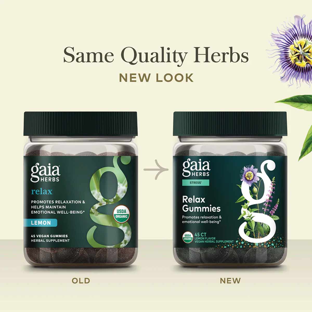 Two Gaia Herbs Relax Gummies bottles side by side showing old and new packaging designs with dark gummies visible inside.