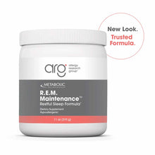 White cylindrical jar with white cap labeled R.E.M. Maintenance Restful Sleep Formula by Allergy Research Group, 11 oz.