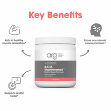 White plastic jar of R.E.M. Maintenance dietary supplement powder, 11 oz, with gray and coral label by Allergy Research Group