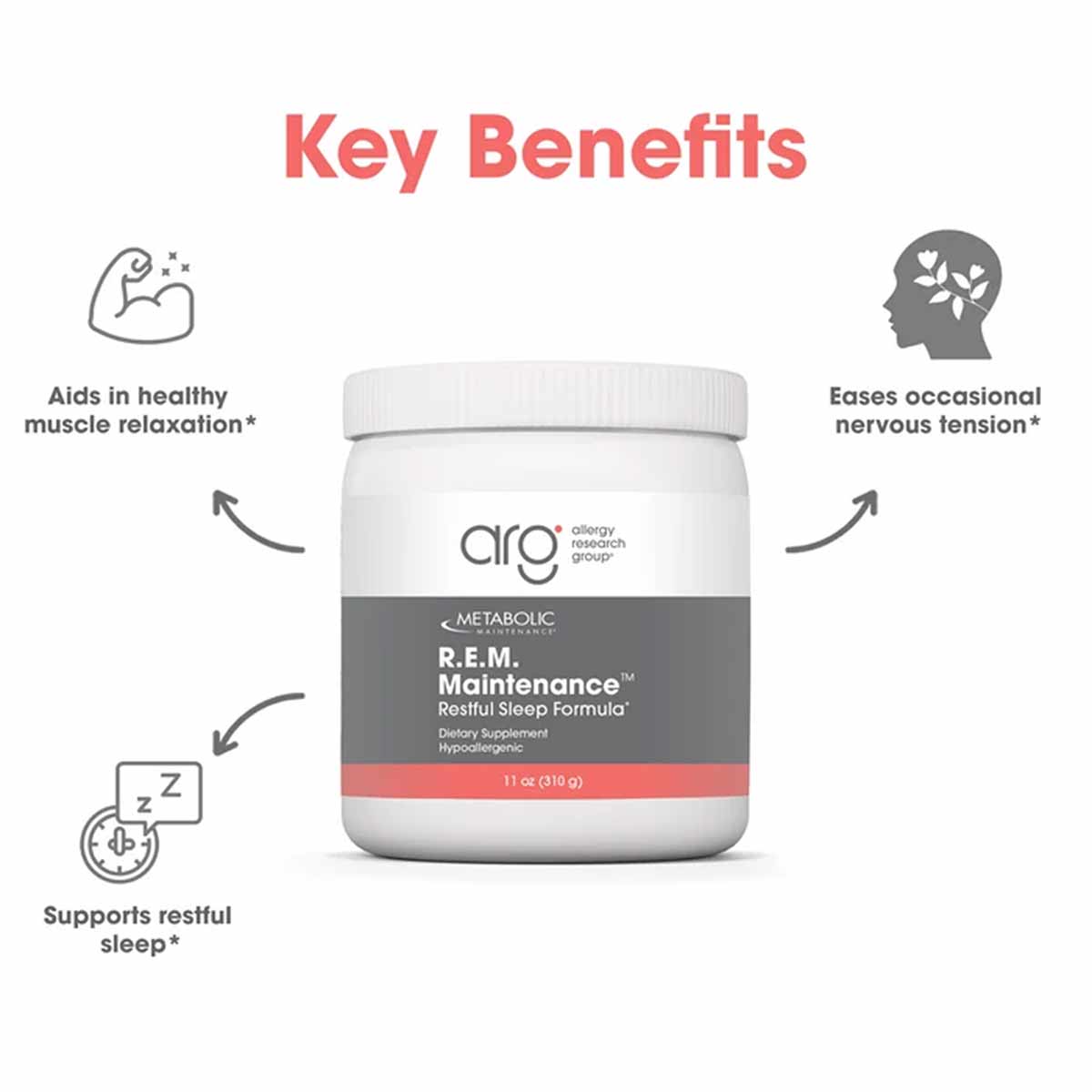 White plastic jar of R.E.M. Maintenance dietary supplement powder, 11 oz, with gray and coral label by Allergy Research Group