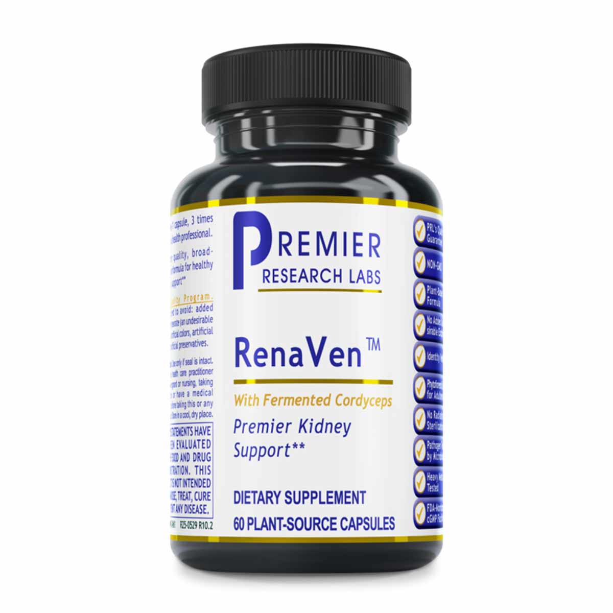 RenaVen kidney support supplement bottle by Premier Research Labs containing 60 plant-source capsules with fermented cordycep