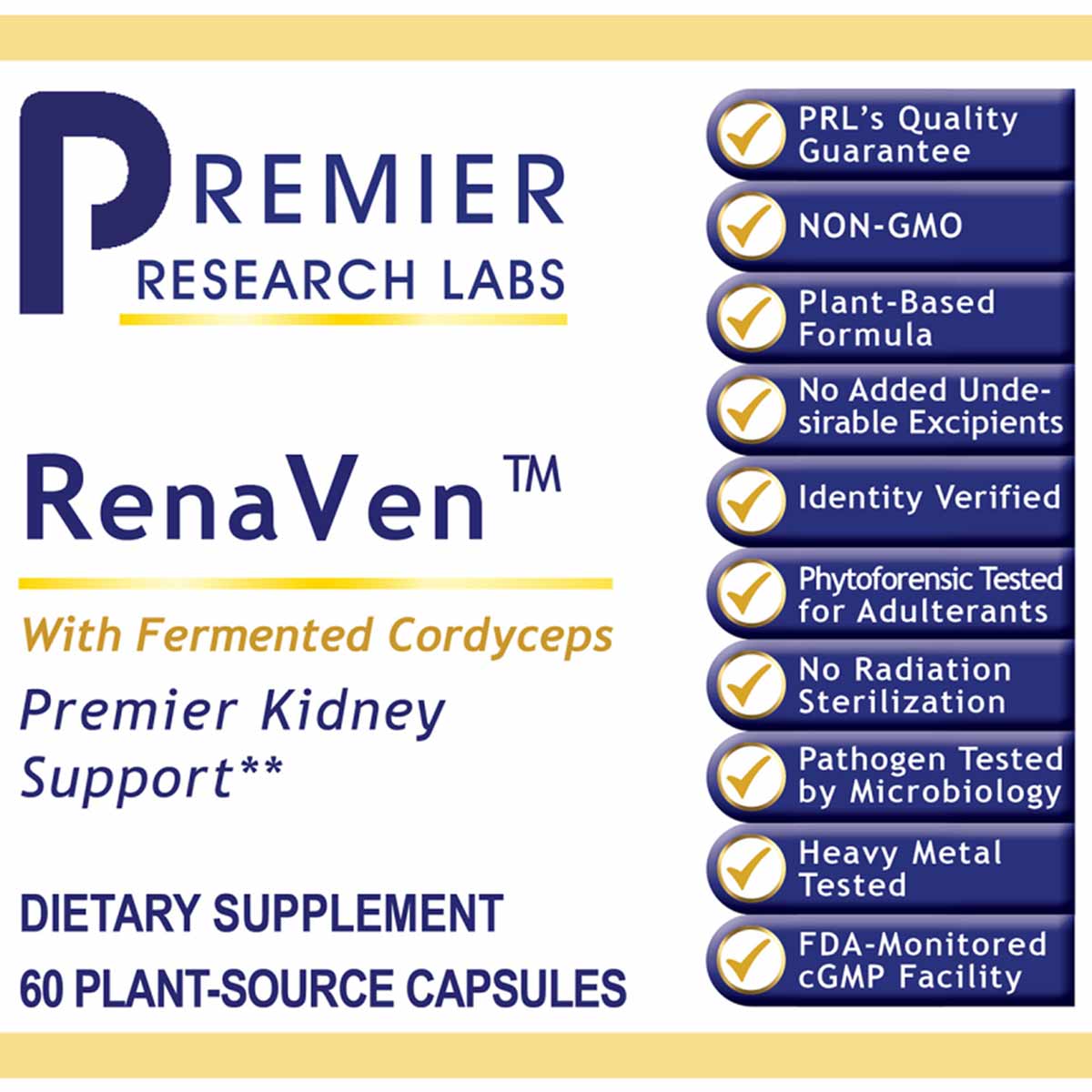 RenaVen dietary supplement bottle label showing 60 plant-source capsules by Premier Research Labs with quality guarantee badg