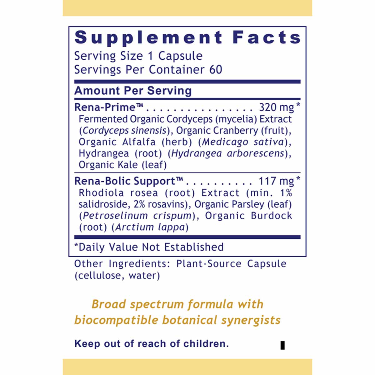 Supplement Facts label for RenaVen Kidney Support showing serving size, ingredient amounts, and botanical components per caps