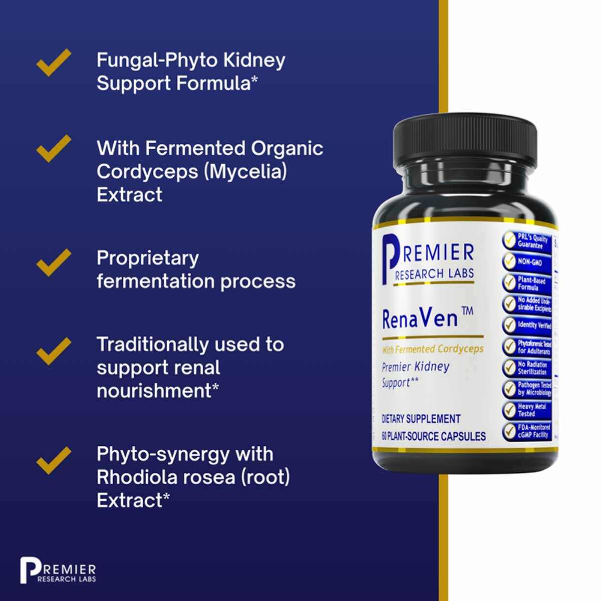RenaVen bottle by Premier Research Labs with black cap on dark blue background with product feature text.