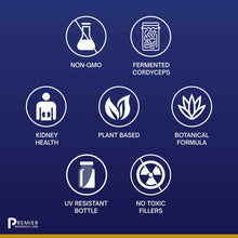 Seven icons on dark blue background displaying product features: non-GMO, fermented cordyceps, kidney health, plant based, bo