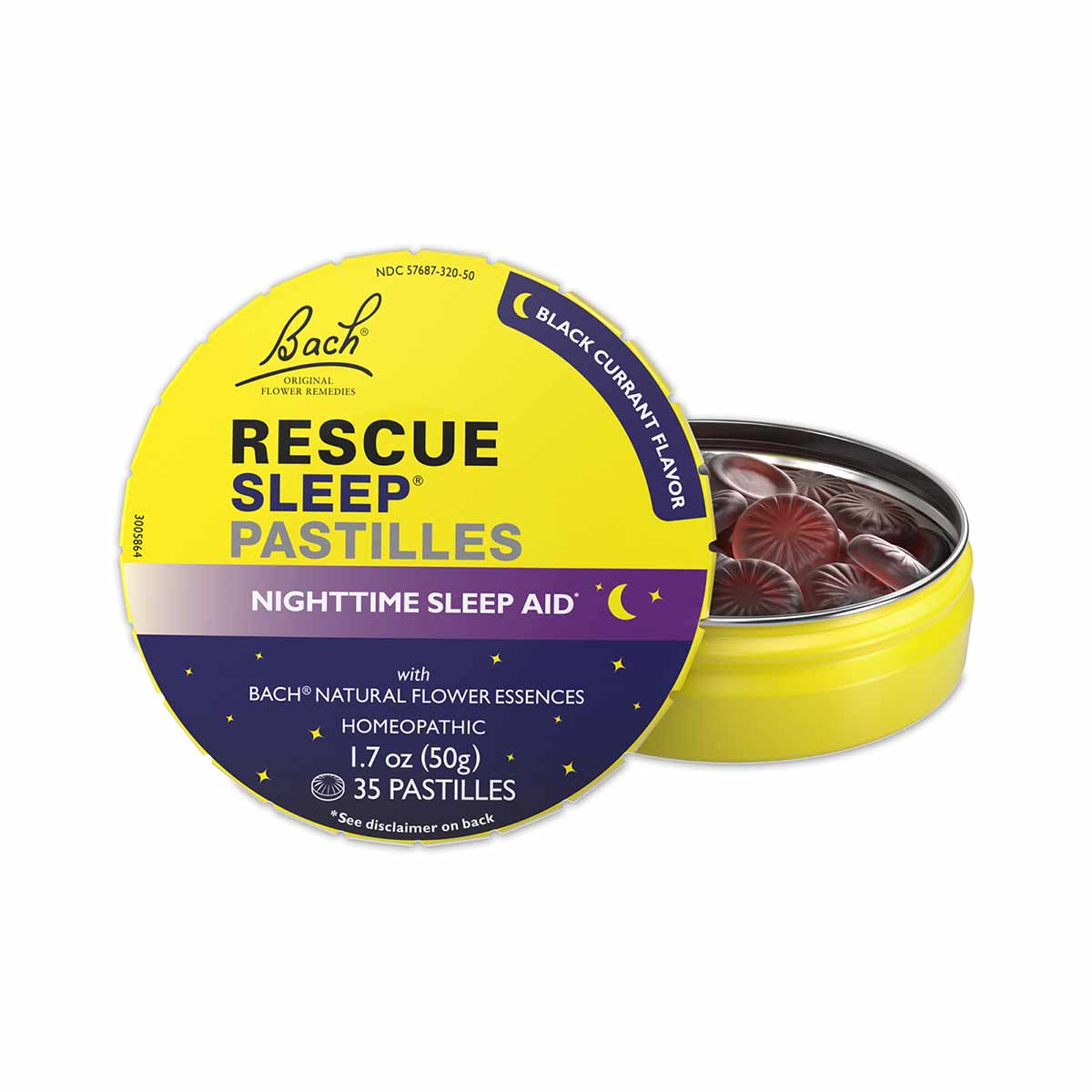 Bach Rescue Sleep Pastilles in yellow tin with black currant-flavored dark red pastilles visible inside.