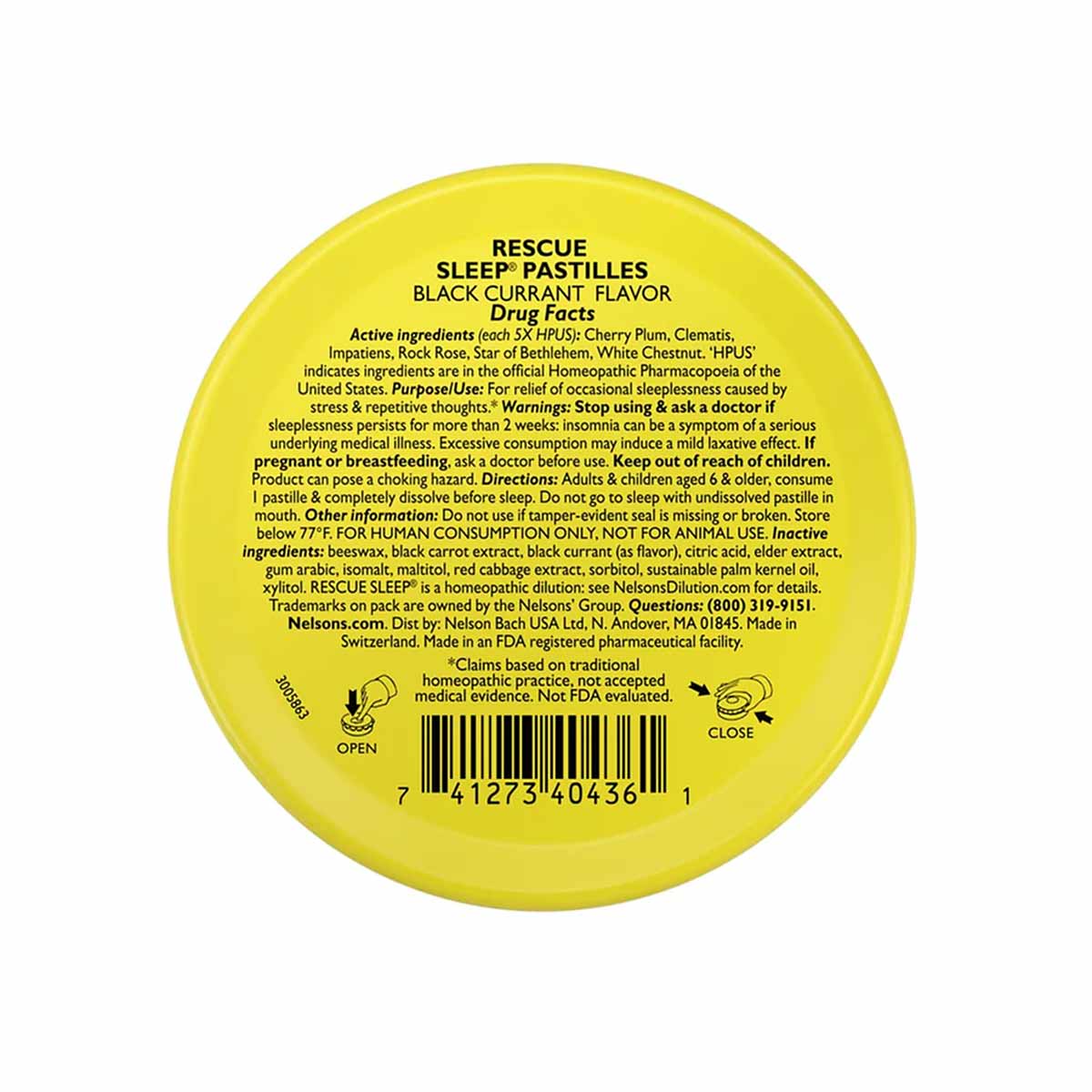 Round yellow tin of Rescue Sleep Pastilles in black currant flavor with drug facts and directions printed on label.