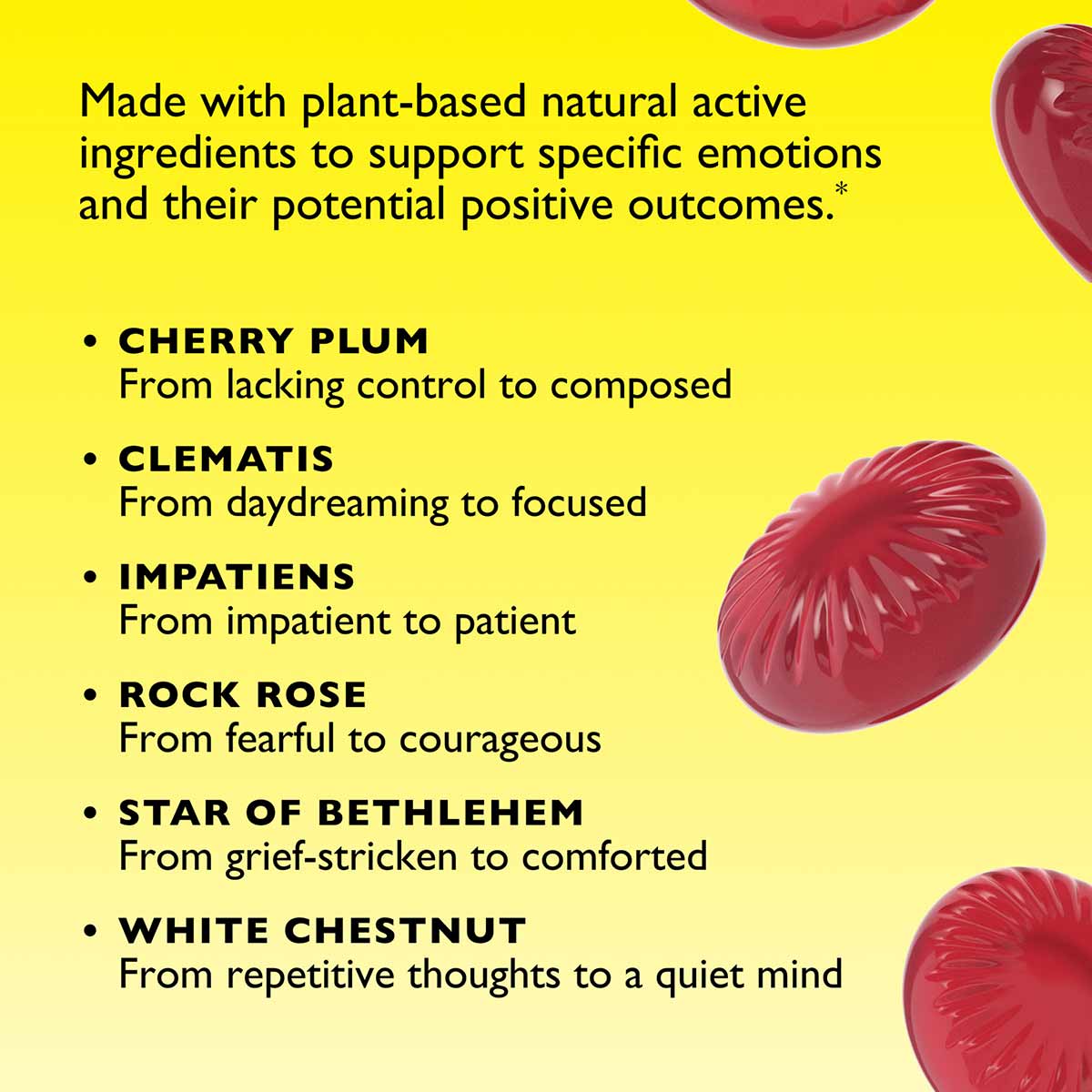 Red oval pastilles on yellow background with ingredient list including cherry plum, clematis, impatiens, rock rose, star of b