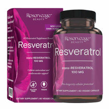 Reserveage Beauty Resveratrol 100 mg supplement bottle with purple packaging and 60 veggie capsules, next to its box.