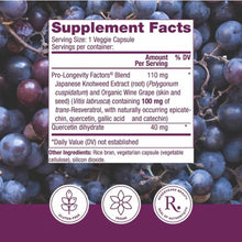 Supplement Facts label for Resveratrol 100 mg on background of dark purple grapes with gluten-free, vegan, and authenticity b