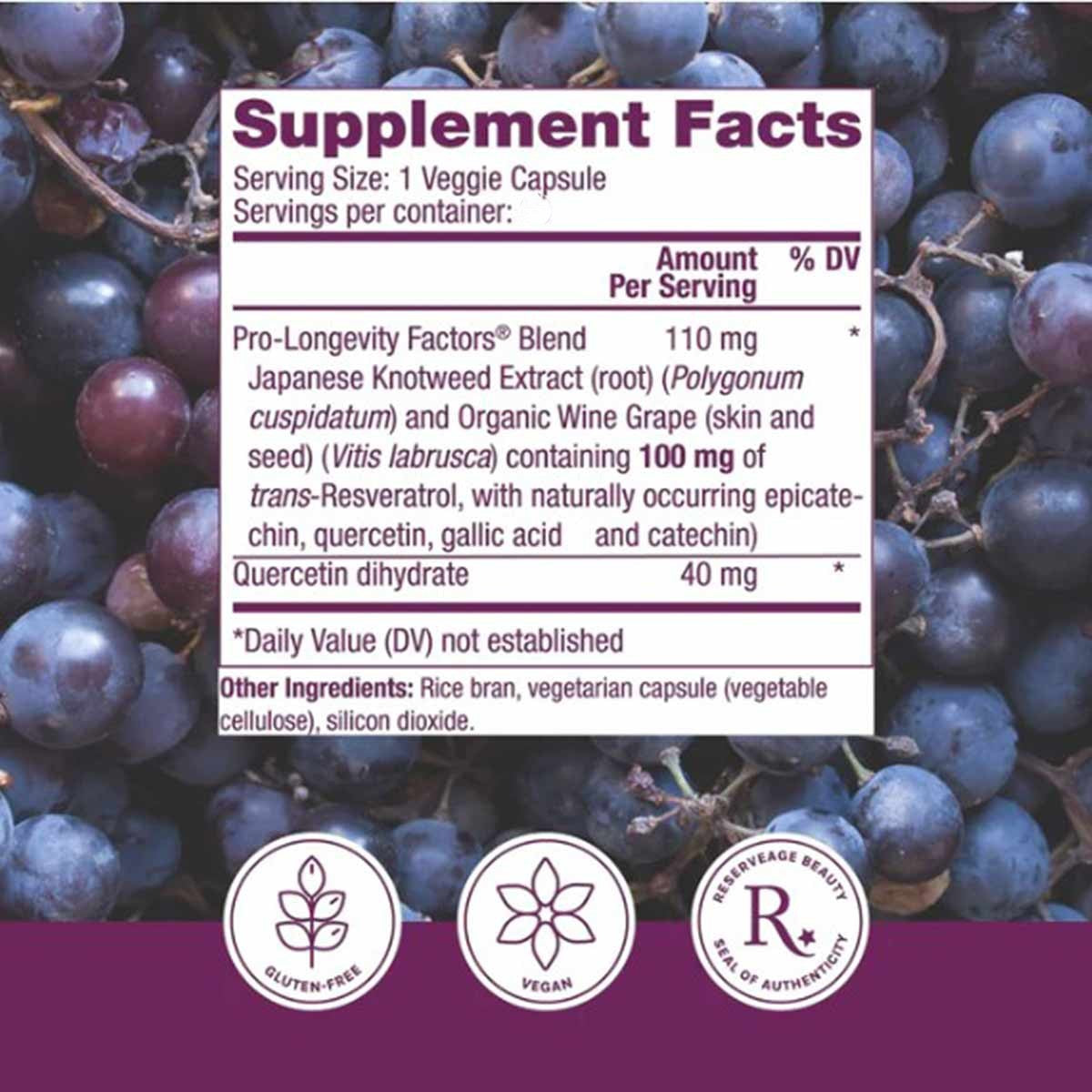 Supplement Facts label for Resveratrol 100 mg on background of dark purple grapes with gluten-free, vegan, and authenticity b