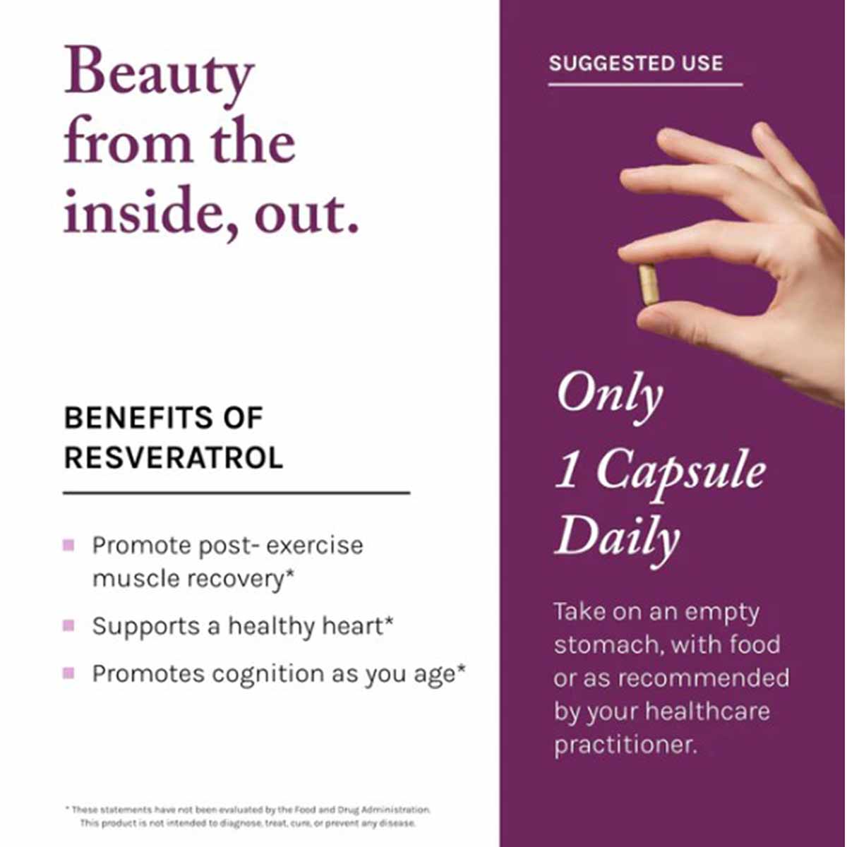 Reserveage Nutrition Resveratrol 100 mg supplement packaging with benefits listed and hand holding single capsule on purple b