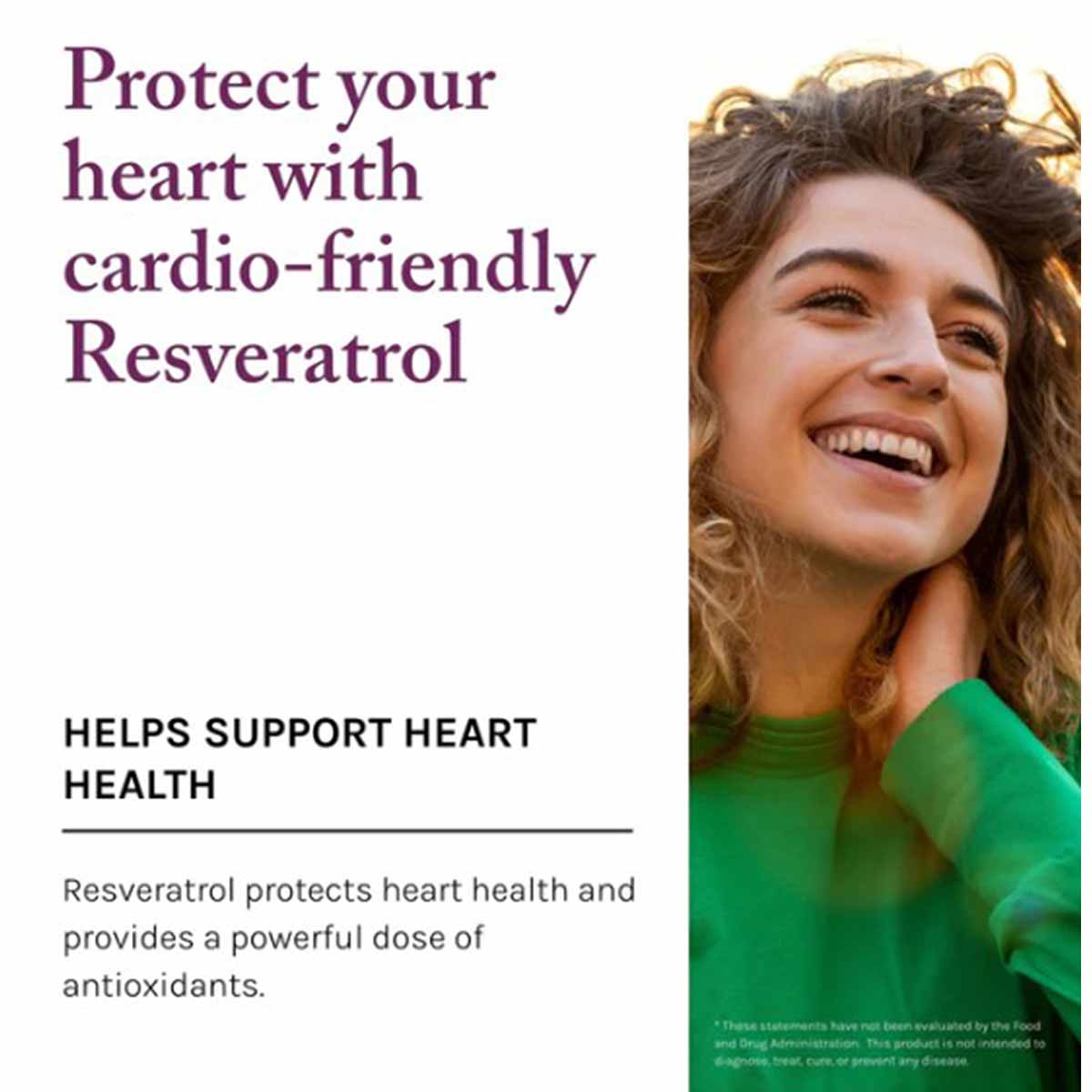 Reserveage Nutrition Resveratrol 100 Mg supplement packaging with marketing text and smiling woman in green shirt.
