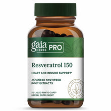 Gaia Herbs Pro Resveratrol 150 bottle containing 50 dark liquid phyto-caps with green cap.