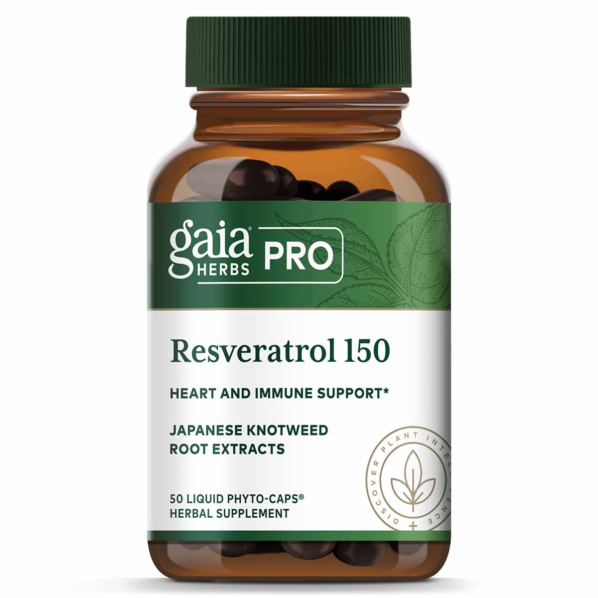 Gaia Herbs Pro Resveratrol 150 bottle containing 50 dark liquid phyto-caps with green cap.