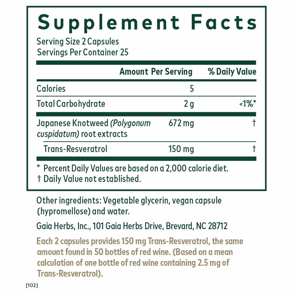 Supplement Facts label for Gaia Herbs Resveratrol 150 showing serving size, nutritional information, and ingredient list.