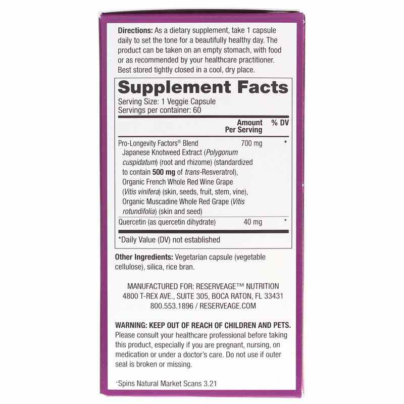 Resveratrol 500 Mg, 60 Veg Capsules, by Reserveage Nutrition, image #2