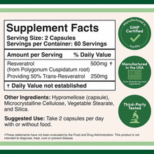 Supplement Facts label for Resveratrol capsules showing 500mg per serving with GMP certified, USA manufactured, and third-par