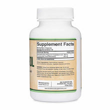 White supplement bottle with green stripe band and beige label displaying Supplement Facts for Resveratrol capsules.