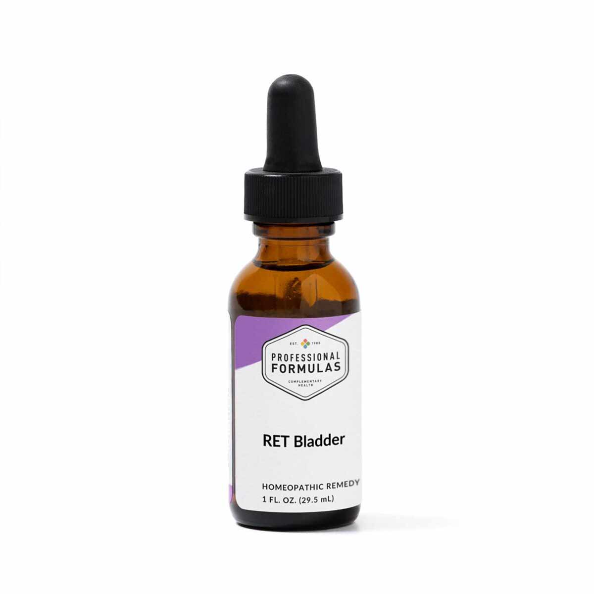 Brown glass dropper bottle with black cap labeled "RET Bladder" by Professional Formulas, 1 fl oz.