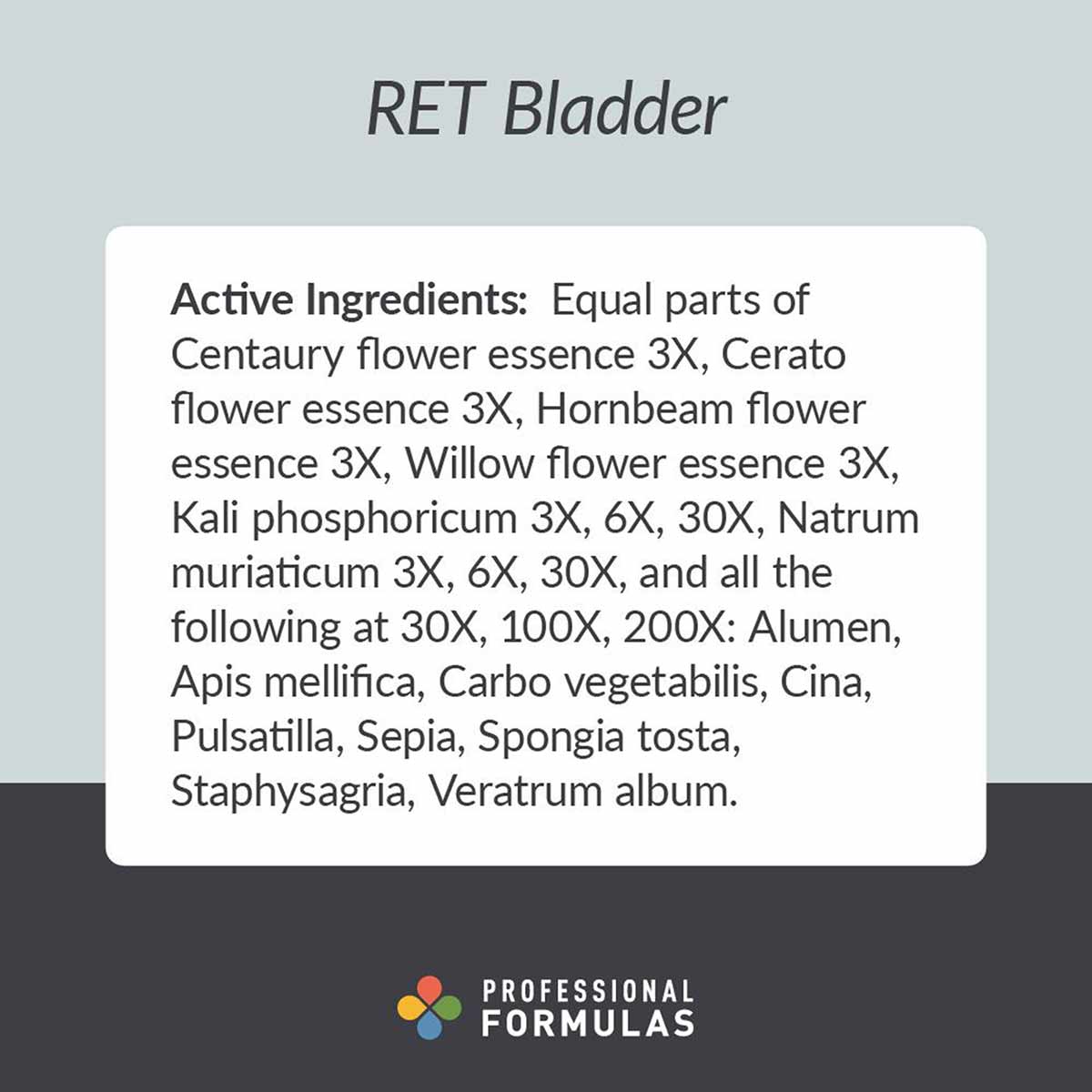 RET Bladder supplement label by Professional Formulas displaying active ingredients list on white background with gray border